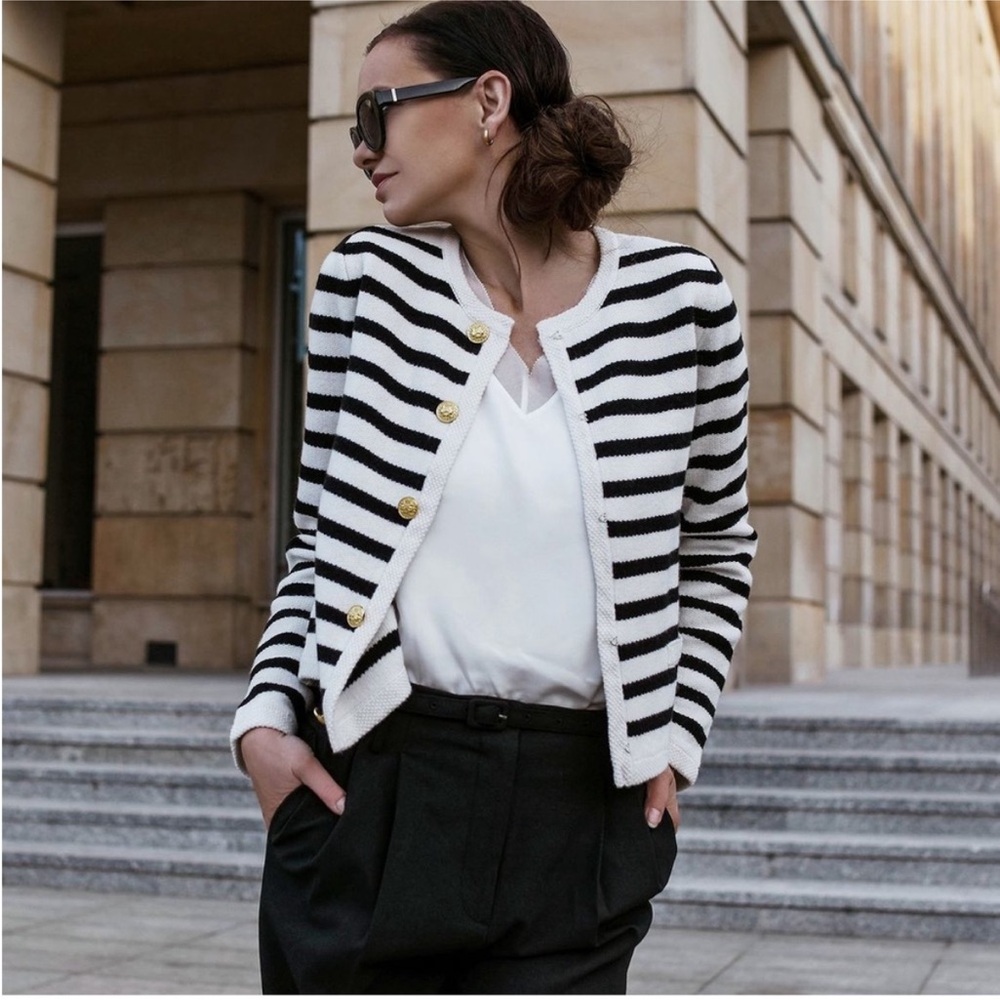 Goelia Wool Blend Black and White Striped Cardigan Gold Button Up Size Medium